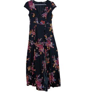 Forever 21 Floral Maxi Romper Dress With Cap Sleeves & V-Neckline Size S Black
